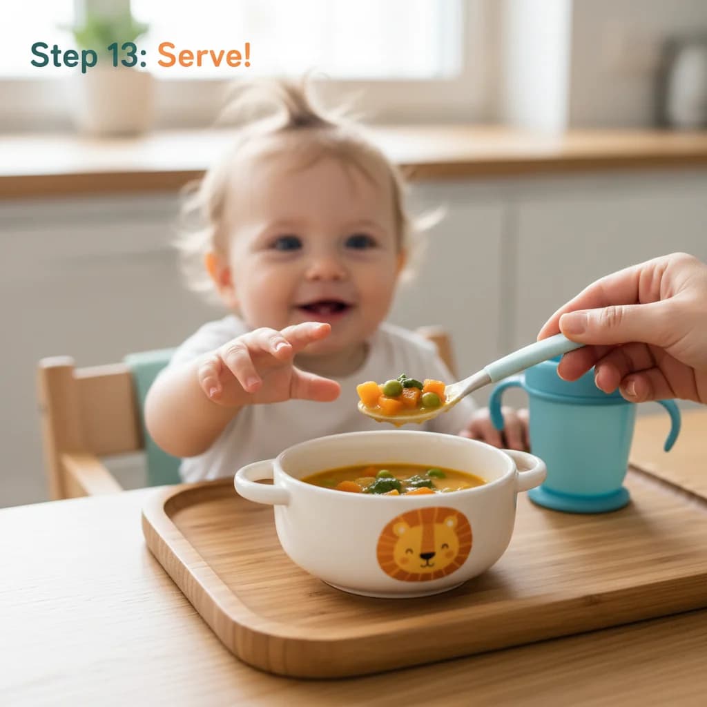 Step 13: Serve: Offer the soup to your baby in a bowl or on a spoon. Ensure the vegetable pieces are small an for Chunky Veggie Baby Soup