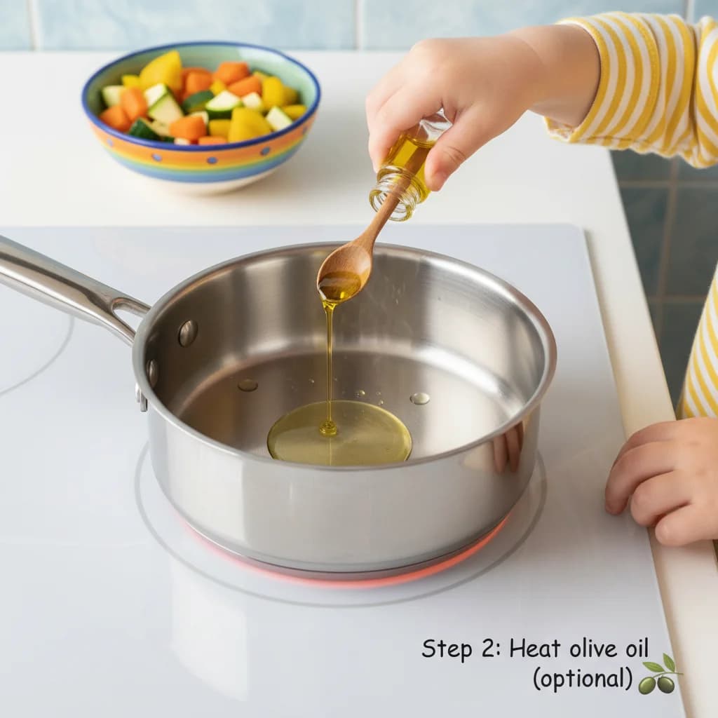 Step 2: Heat olive oil (optional): In a medium saucepan, heat the olive oil over medium heat. This step adds for Chunky Veggie Baby Soup
