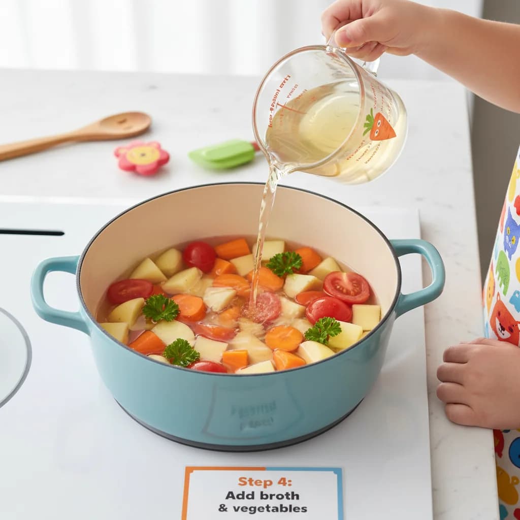 Step 4: Add broth and vegetables: Pour the low-sodium broth (or water) into the saucepan. Add the diced pota for Chunky Veggie Baby Soup