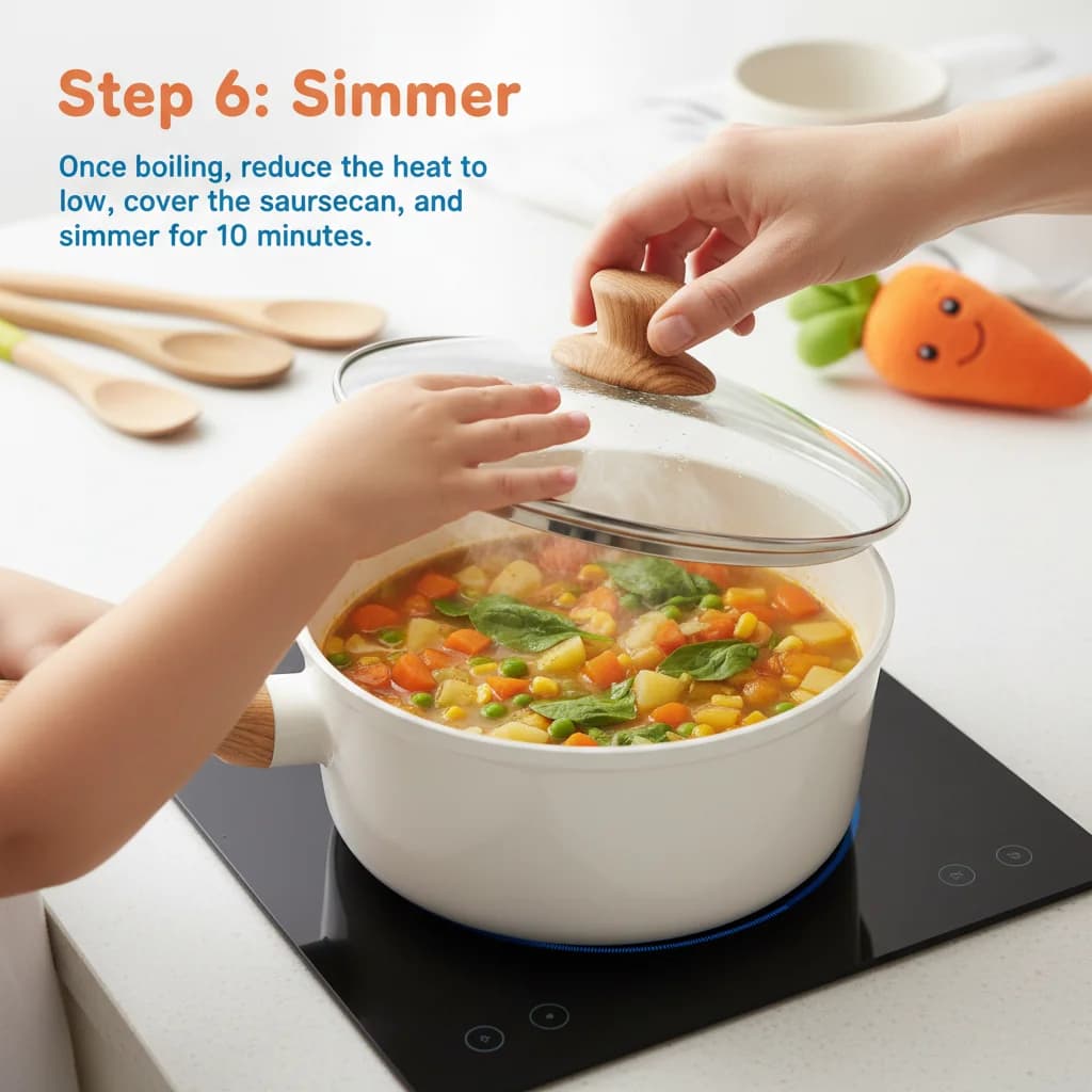 Step 6: Simmer: Once boiling, reduce the heat to low, cover the saucepan, and simmer for 10 minutes. for Chunky Veggie Baby Soup