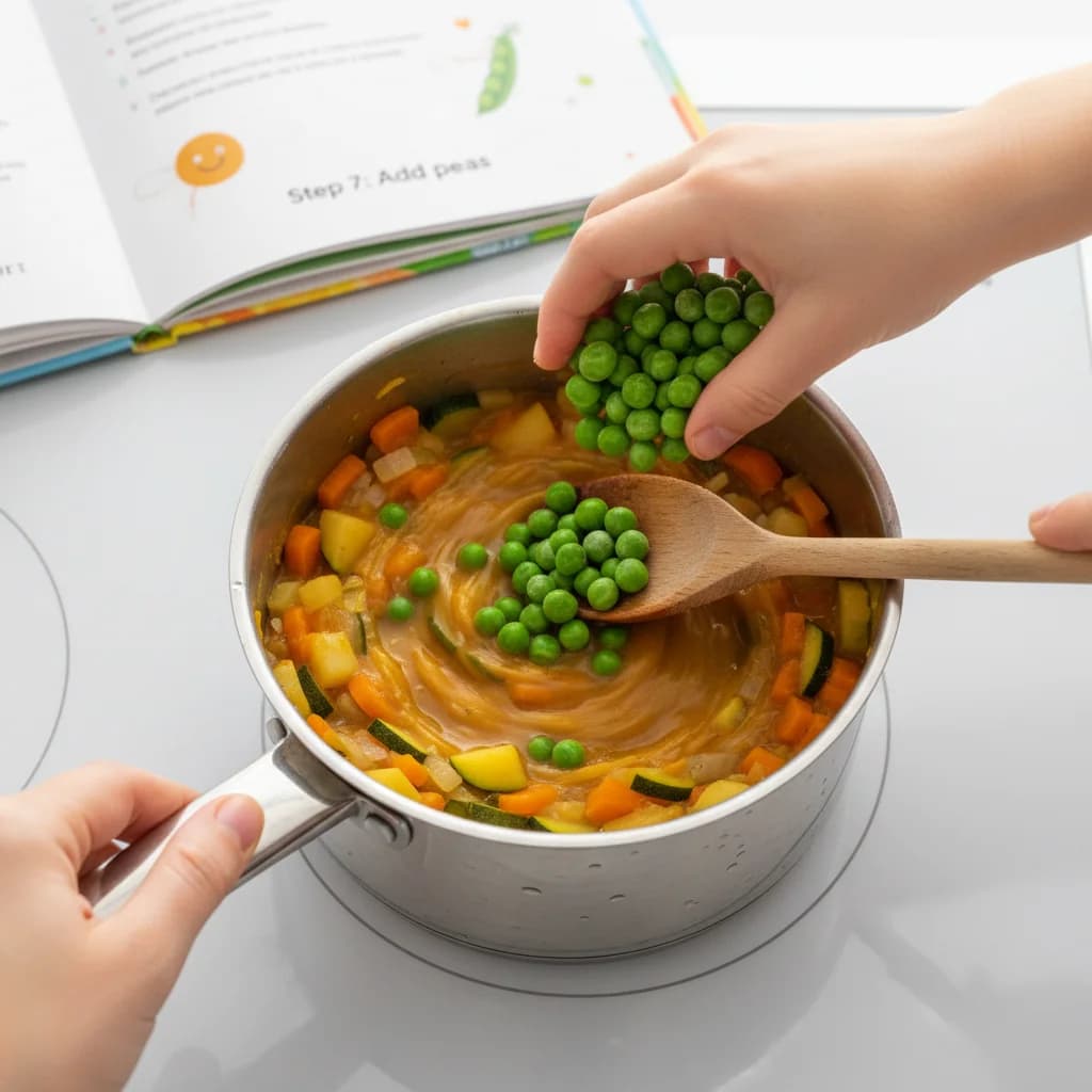 Step 7: Add peas: Add the frozen peas to the saucepan. Stir to combine. for Chunky Veggie Baby Soup