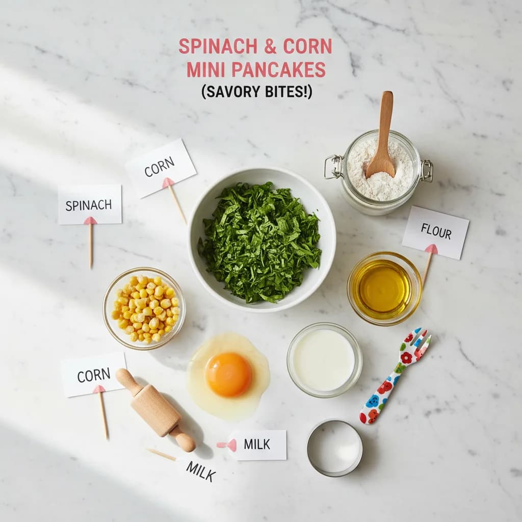 All ingredients needed for Spinach & Corn Mini Pancakes (Savory Bites!) arranged on a clean surface