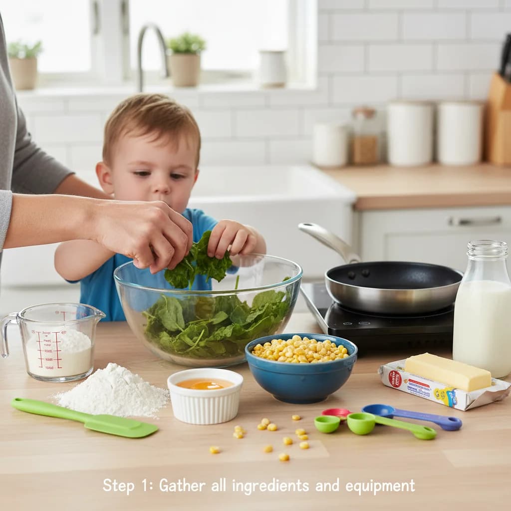 Step 1: Gather all ingredients and equipment: spinach, corn, egg, flour, milk/water, oil/butter, mixing bowl for Spinach & Corn Mini Pancakes (Savory Bites!)