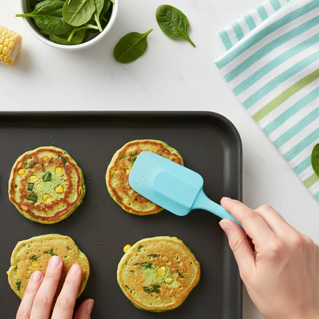 Step 10: Cook the pancakes for about 2 minutes on each side, or until they are lightly golden brown and cooke for Spinach & Corn Mini Pancakes (Savory Bites!)
