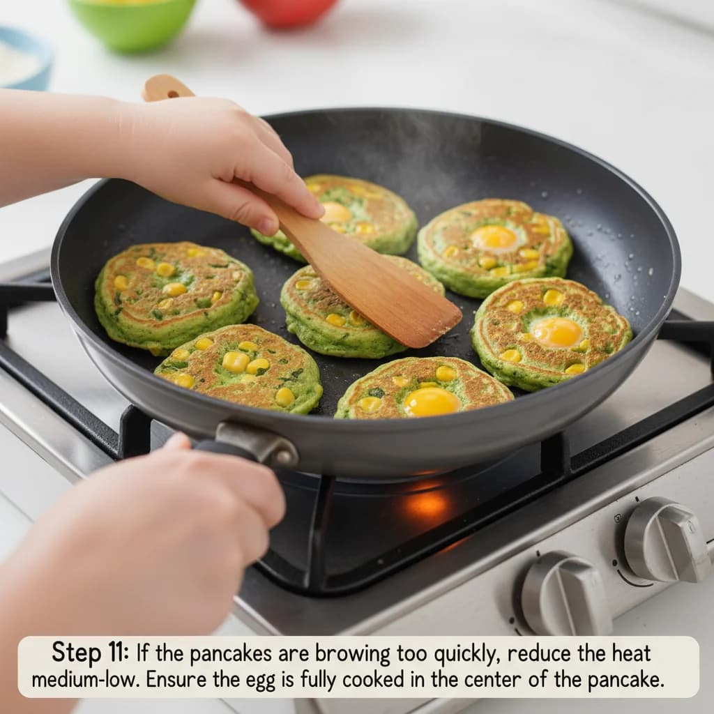 Step 11: If the pancakes are browning too quickly, reduce the heat to medium-low. Ensure the egg is fully coo for Spinach & Corn Mini Pancakes (Savory Bites!)
