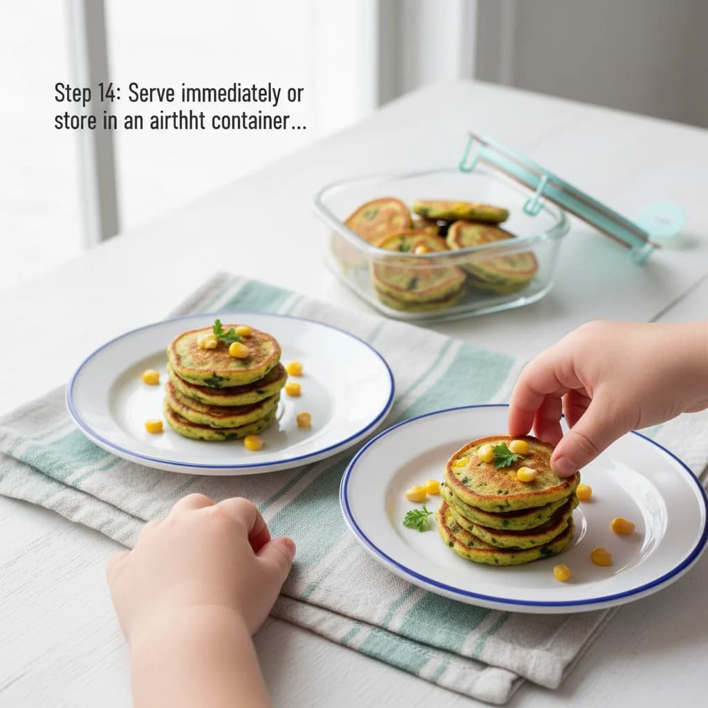 Step 14: Serve immediately or store in an airtight container in the refrigerator for up to 2 days. Reheat gen for Spinach & Corn Mini Pancakes (Savory Bites!)
