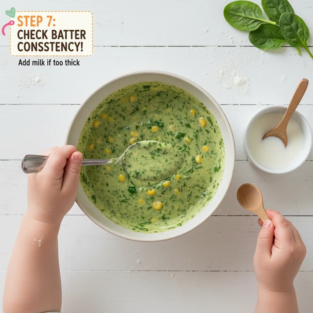 Step 7: Check the consistency of the batter. It should be spoonable but not too runny. If it's too thick, ad for Spinach & Corn Mini Pancakes (Savory Bites!)