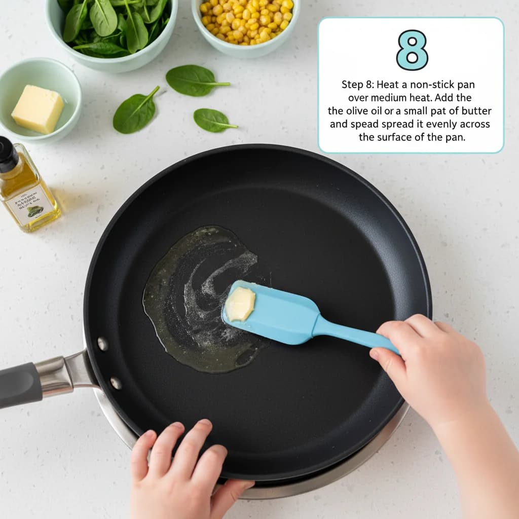 Step 8: Heat a non-stick pan over medium heat. Add the olive oil or a small pat of butter and spread it even for Spinach & Corn Mini Pancakes (Savory Bites!)