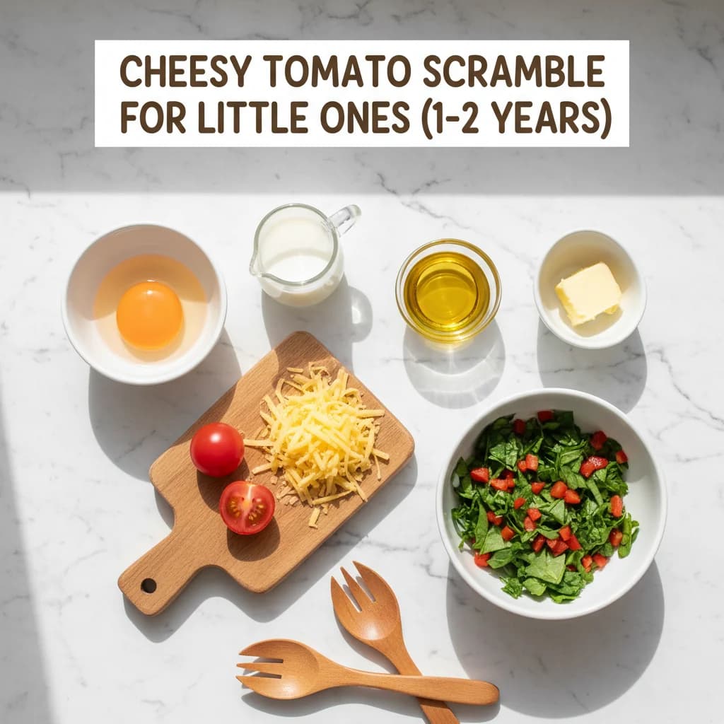 All ingredients needed for Cheesy Tomato Scramble for Little Ones arranged on a clean surface
