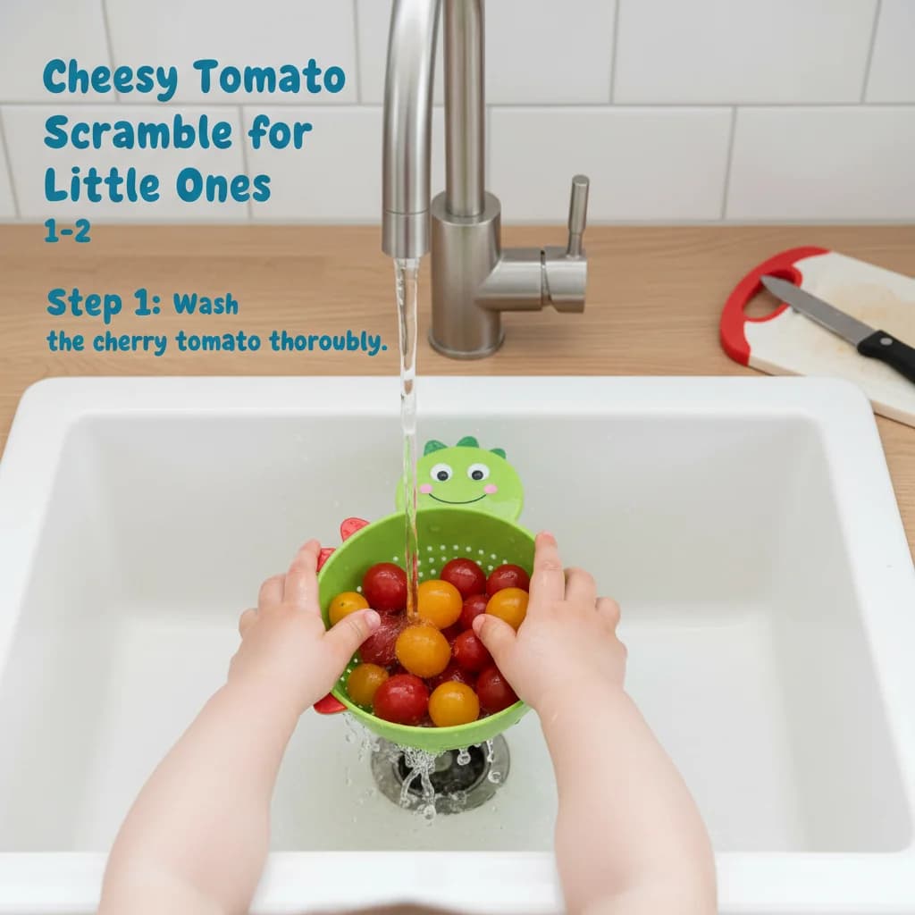 Step 1: Wash the cherry tomato thoroughly. for Cheesy Tomato Scramble for Little Ones