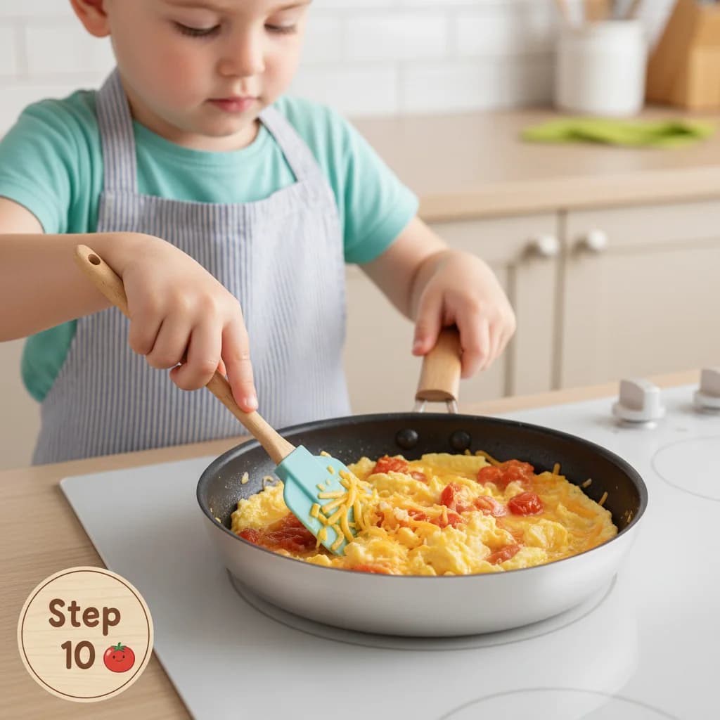 Step 10: Continue to gently stir and scramble until the eggs are softly cooked and no longer liquid, but stil for Cheesy Tomato Scramble for Little Ones