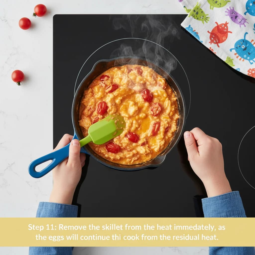Step 11: Remove the skillet from the heat immediately, as the eggs will continue to cook from the residual he for Cheesy Tomato Scramble for Little Ones