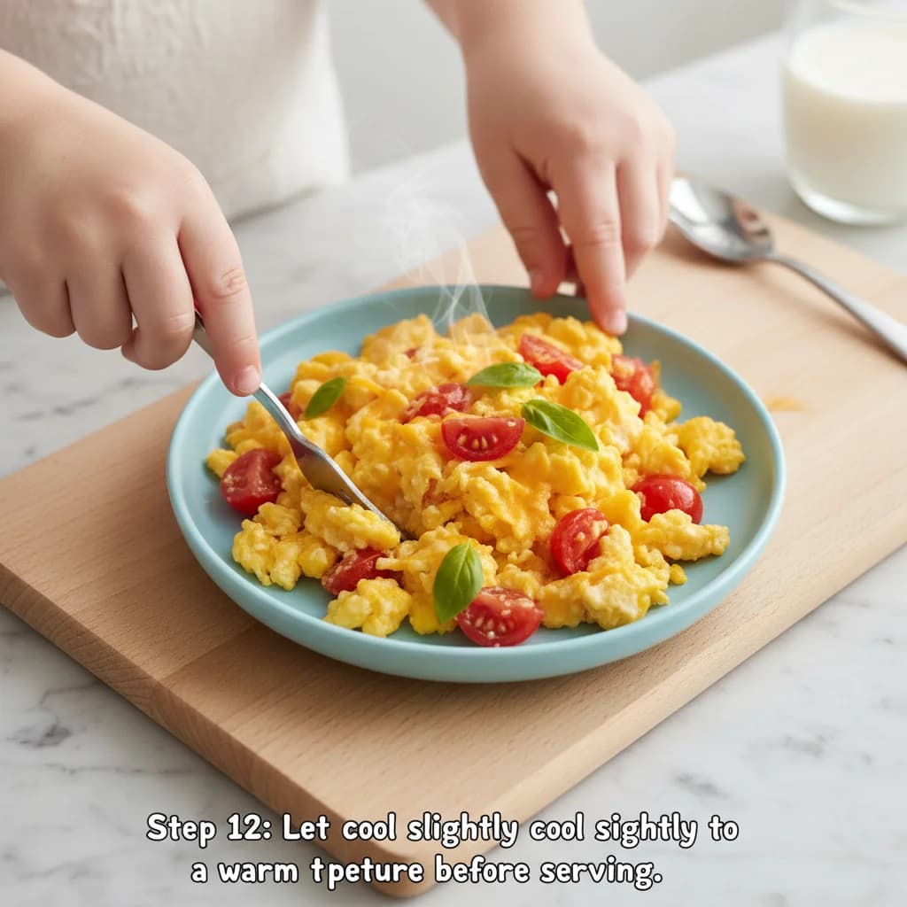 Step 12: Let the scrambled eggs cool slightly to a warm temperature before serving. for Cheesy Tomato Scramble for Little Ones