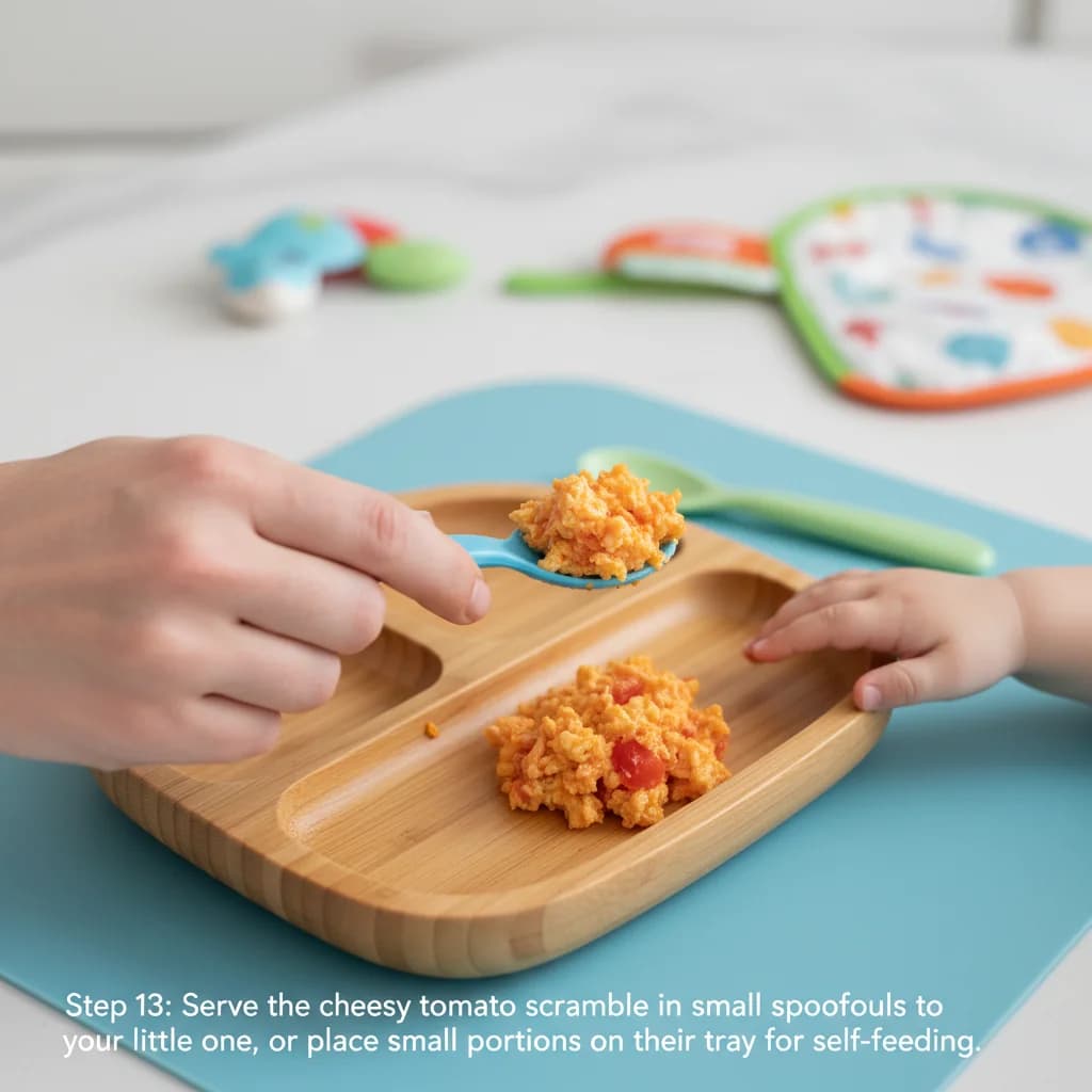 Step 13: Serve the cheesy tomato scramble in small spoonfuls to your little one, or place small portions on t for Cheesy Tomato Scramble for Little Ones