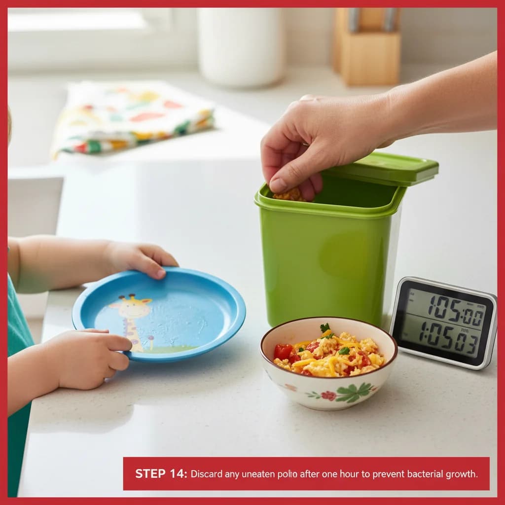 Step 14: Discard any uneaten portion after one hour to prevent bacterial growth. for Cheesy Tomato Scramble for Little Ones