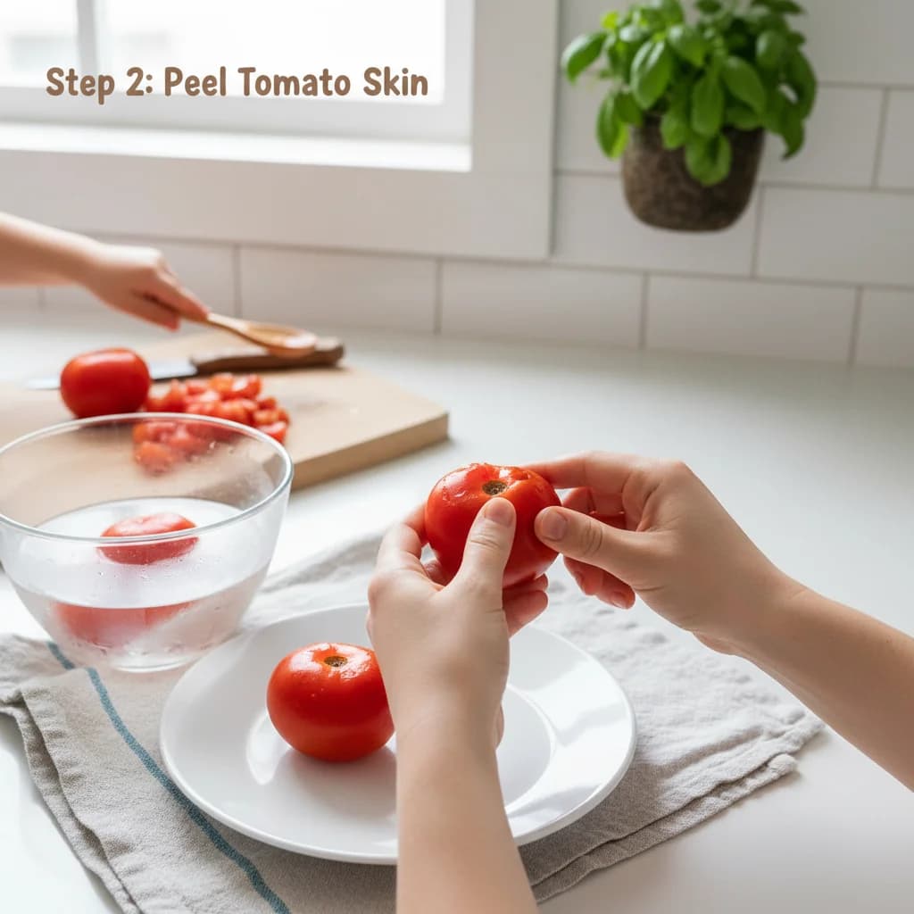 Step 2: If using tomato, you can remove the skin by quickly blanching it in boiling water for 10 seconds, th for Cheesy Tomato Scramble for Little Ones