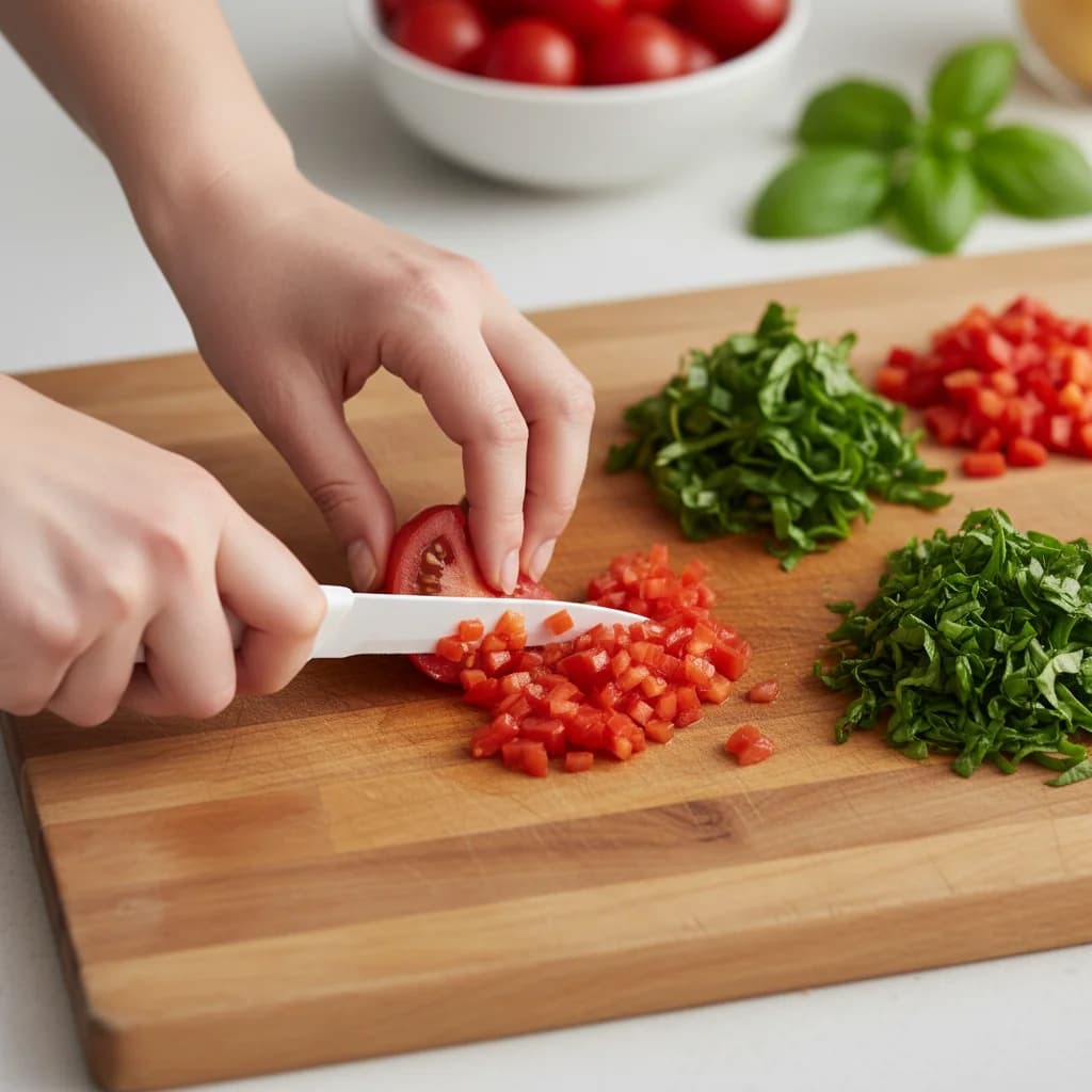 Step 3: Finely dice the tomato flesh into very small pieces. If using spinach or red bell pepper, finely cho for Cheesy Tomato Scramble for Little Ones