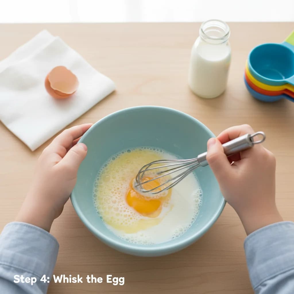 Step 4: In a small bowl, crack the egg and whisk it well with the milk or formula (if using) until light and for Cheesy Tomato Scramble for Little Ones