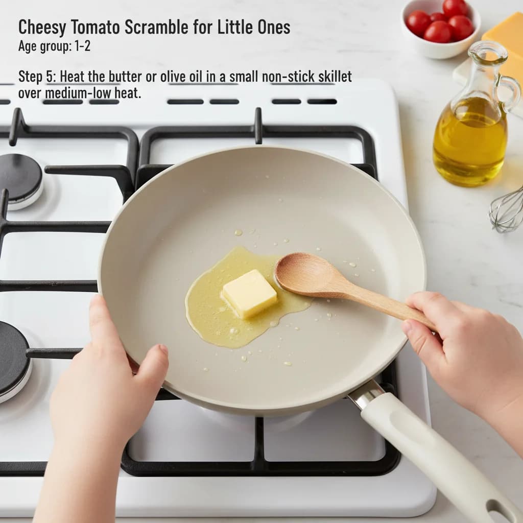 Step 5: Heat the butter or olive oil in a small non-stick skillet over medium-low heat. for Cheesy Tomato Scramble for Little Ones