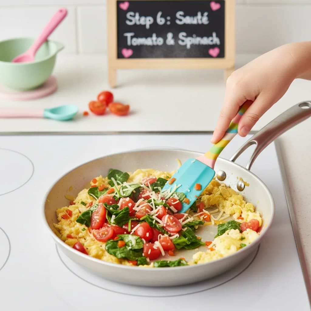 Step 6: Add the diced tomato (and optional spinach/pepper) to the skillet and sauté for about 30 seconds, un for Cheesy Tomato Scramble for Little Ones