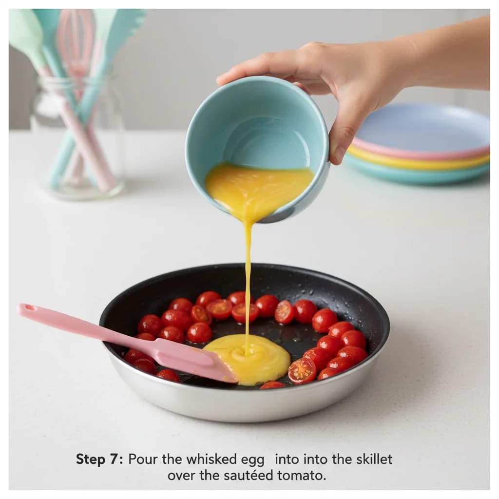 Step 7: Pour the whisked egg into the skillet over the sautéed tomato. for Cheesy Tomato Scramble for Little Ones