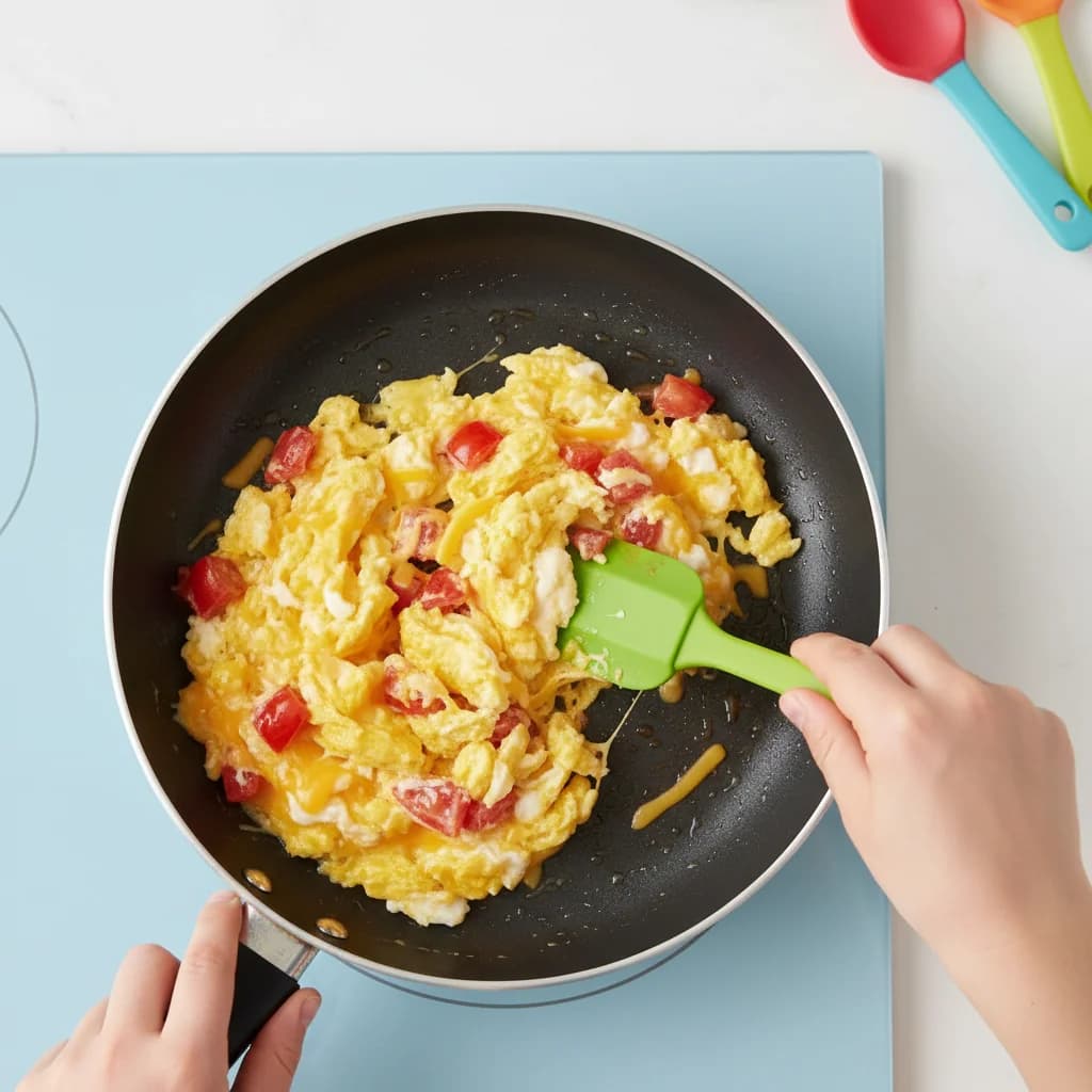 Step 8: Using a spatula, gently stir and scramble the egg continuously, bringing the cooked curds together. for Cheesy Tomato Scramble for Little Ones