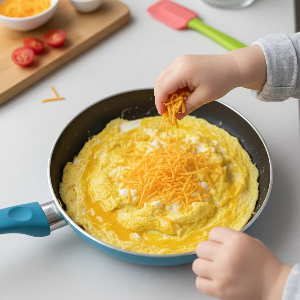 Step 9: When the egg is about halfway set (still slightly wet), sprinkle the shredded cheese evenly over the for Cheesy Tomato Scramble for Little Ones