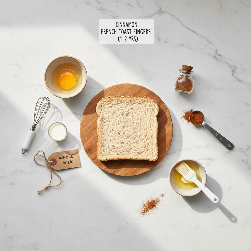 All ingredients needed for Cinnamon French Toast Fingers arranged on a clean surface
