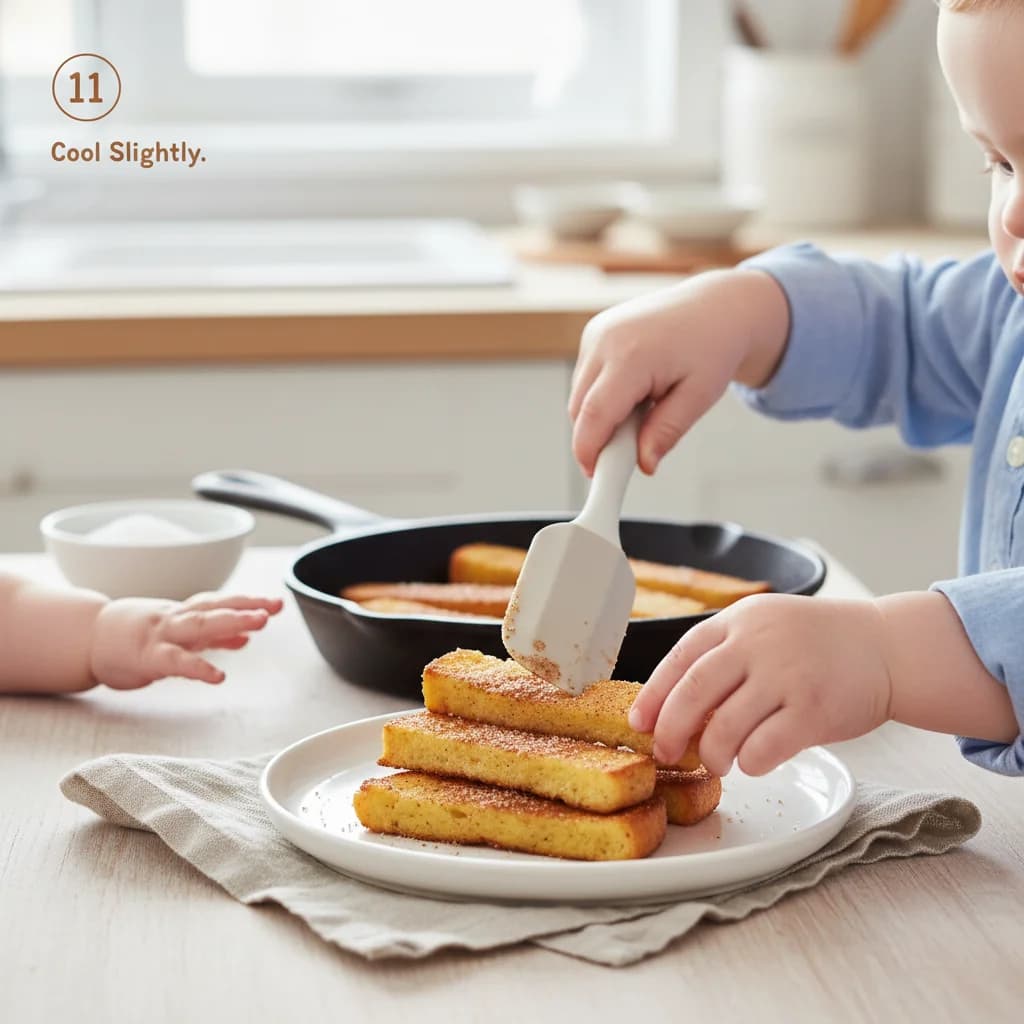 Step 11: **Cool Slightly:** Remove the French toast sticks from the pan and place them on a plate to cool sli for Cinnamon French Toast Fingers