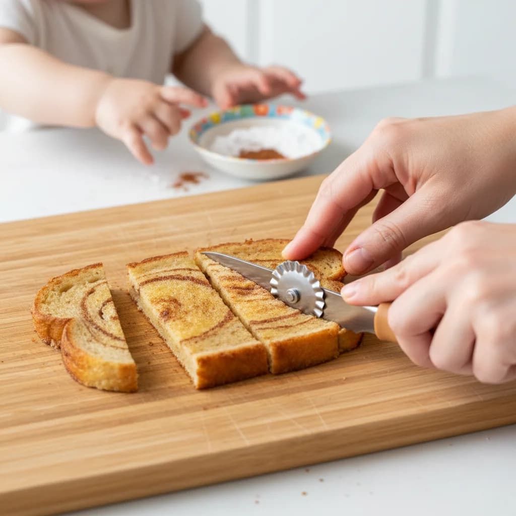 Step 2: **Cut into Strips:** Cut the bread slice into approximately 4 finger-width strips. These are easy fo for Cinnamon French Toast Fingers