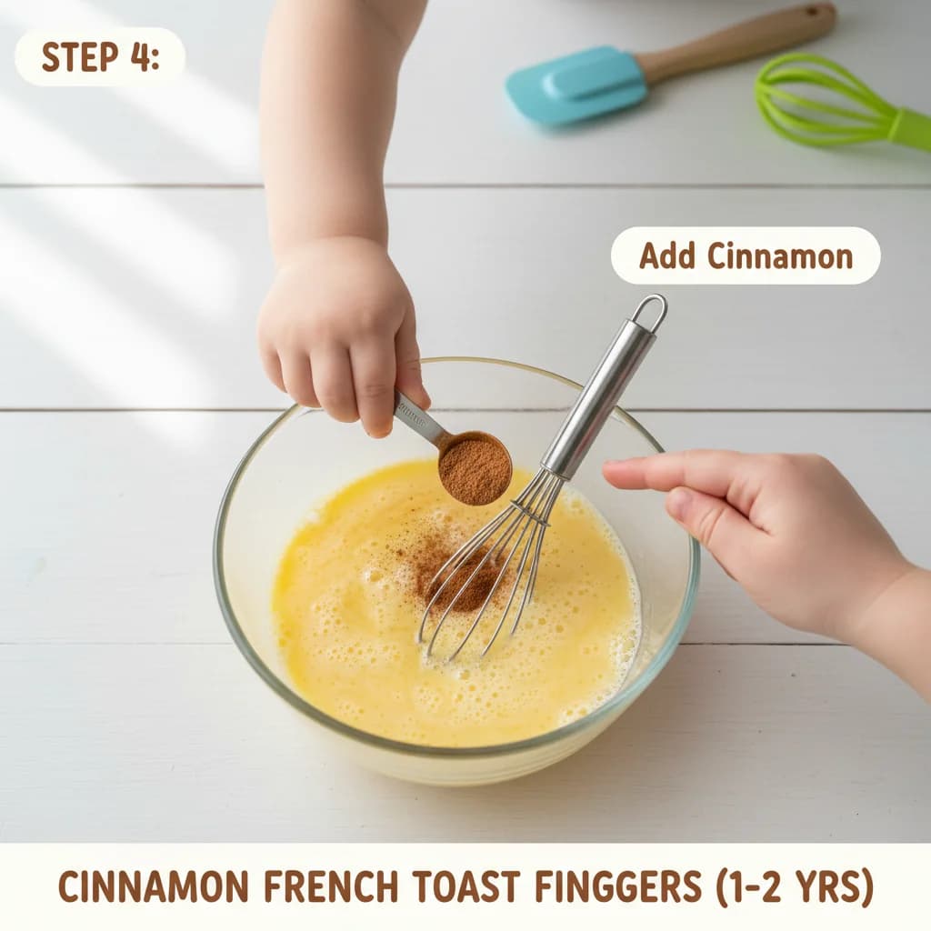 Step 4: **Add Cinnamon:** Add the ground cinnamon to the egg mixture and whisk until evenly distributed. Thi for Cinnamon French Toast Fingers