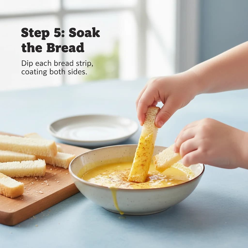 Step 5: **Soak the Bread:** Dip each bread strip into the egg mixture, ensuring both sides are coated. Let s for Cinnamon French Toast Fingers