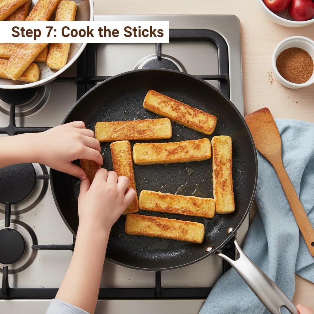 Step 7: **Cook the Sticks:** Place the soaked bread strips in the heated pan, ensuring they are not overcrow for Cinnamon French Toast Fingers