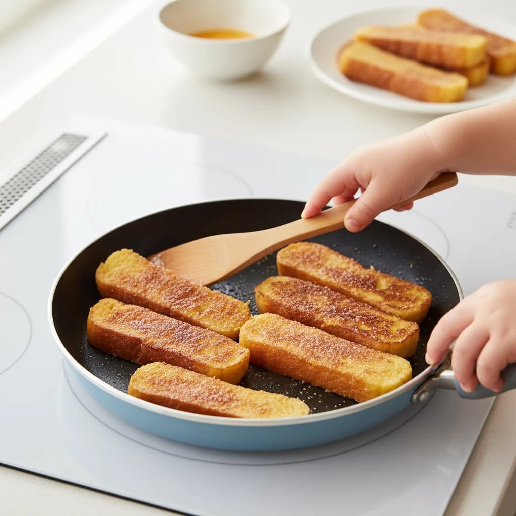 Step 8: **Cook First Side:** Cook for approximately 2 minutes on the first side, or until golden brown. for Cinnamon French Toast Fingers