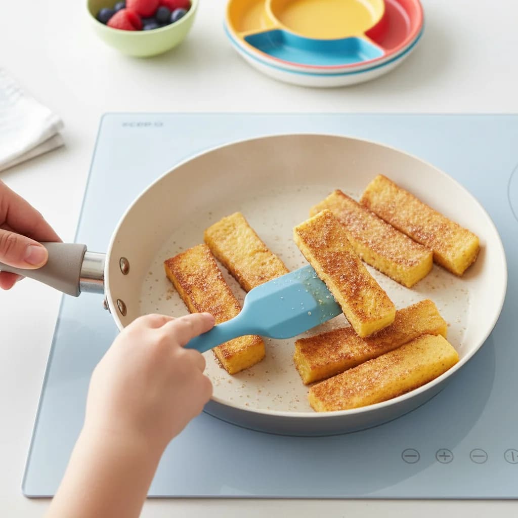 Step 9: **Flip and Cook Second Side:** Gently flip the French toast sticks and cook for another 2 minutes, o for Cinnamon French Toast Fingers