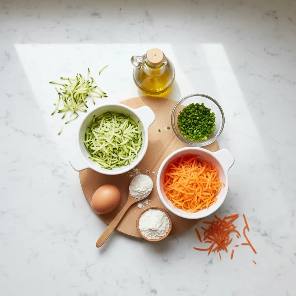 All ingredients needed for Zucchini Carrot Bites arranged on a clean surface