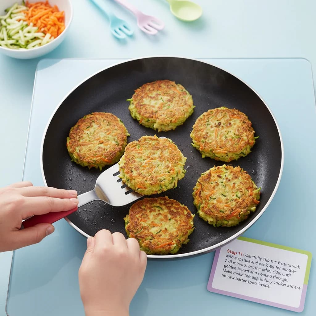 Step 11: Carefully flip the fritters with a spatula and cook for another 2-3 minutes on the other side, until for Zucchini Carrot Bites