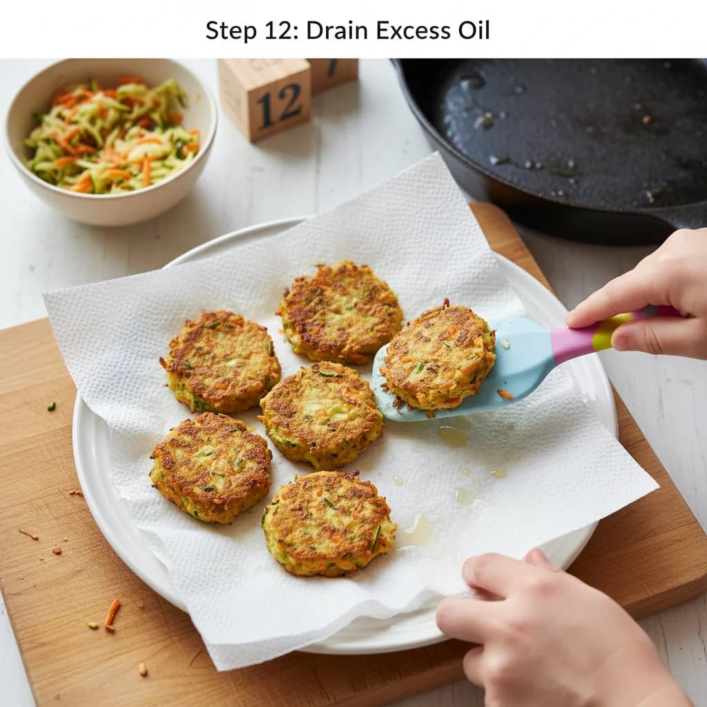 Step 12: Remove the fritters from the skillet and place them on a plate lined with paper towels to drain any for Zucchini Carrot Bites