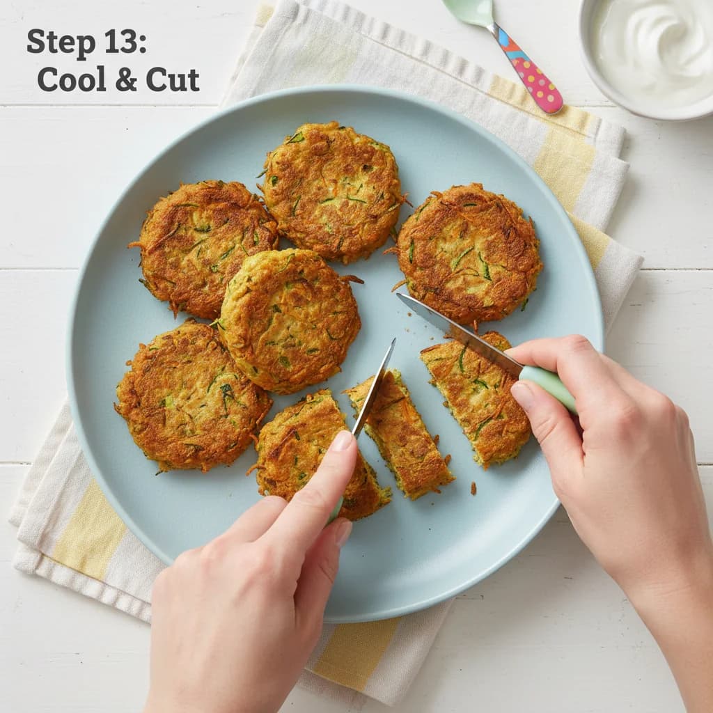 Step 13: Let the fritters cool completely before serving to your little one. Cut into smaller, manageable pie for Zucchini Carrot Bites