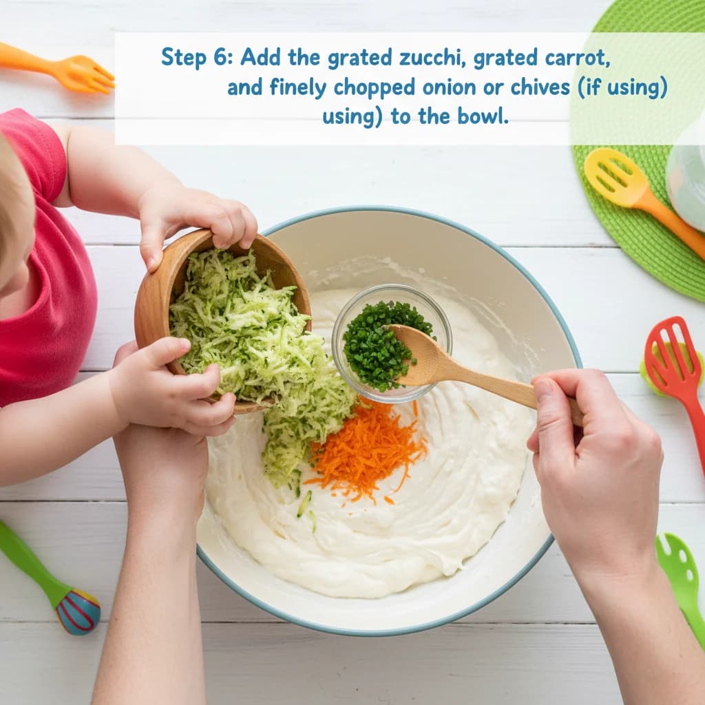 Step 6: Add the grated zucchini, grated carrot, and finely chopped onion or chives (if using) to the bowl. for Zucchini Carrot Bites