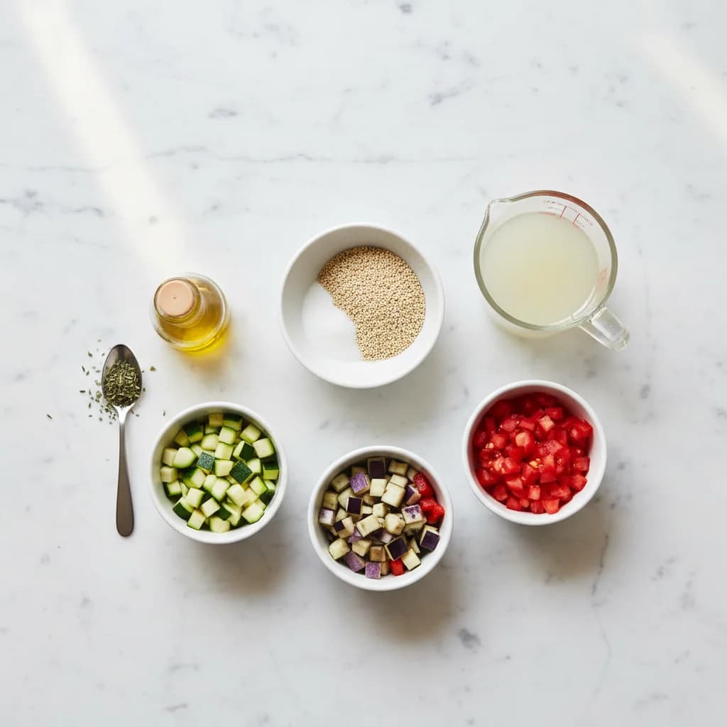All ingredients needed for Baby's First Quinoa Ratatouille arranged on a clean surface