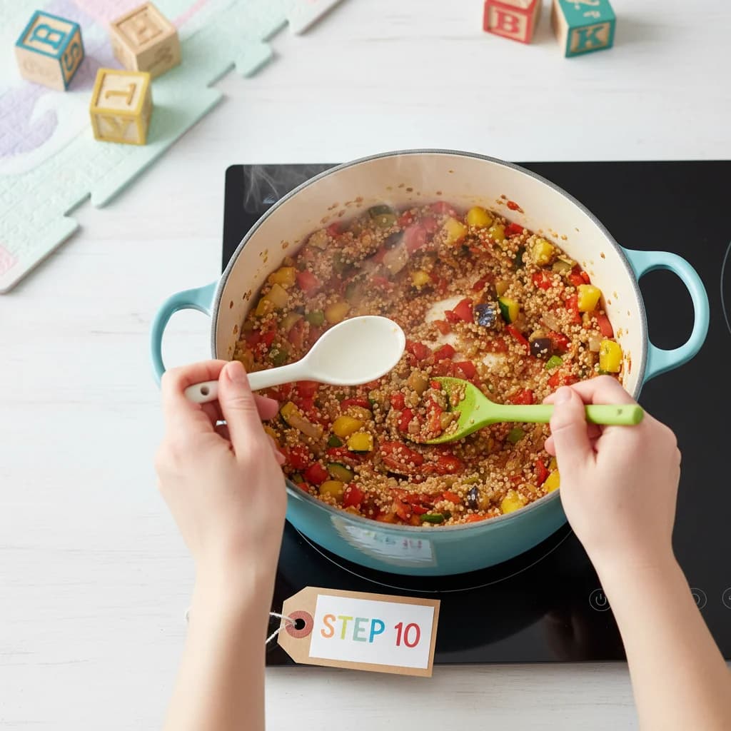 Step 10: Check the quinoa and vegetables occasionally. If the mixture seems dry, add a small amount of water for Baby's First Quinoa Ratatouille