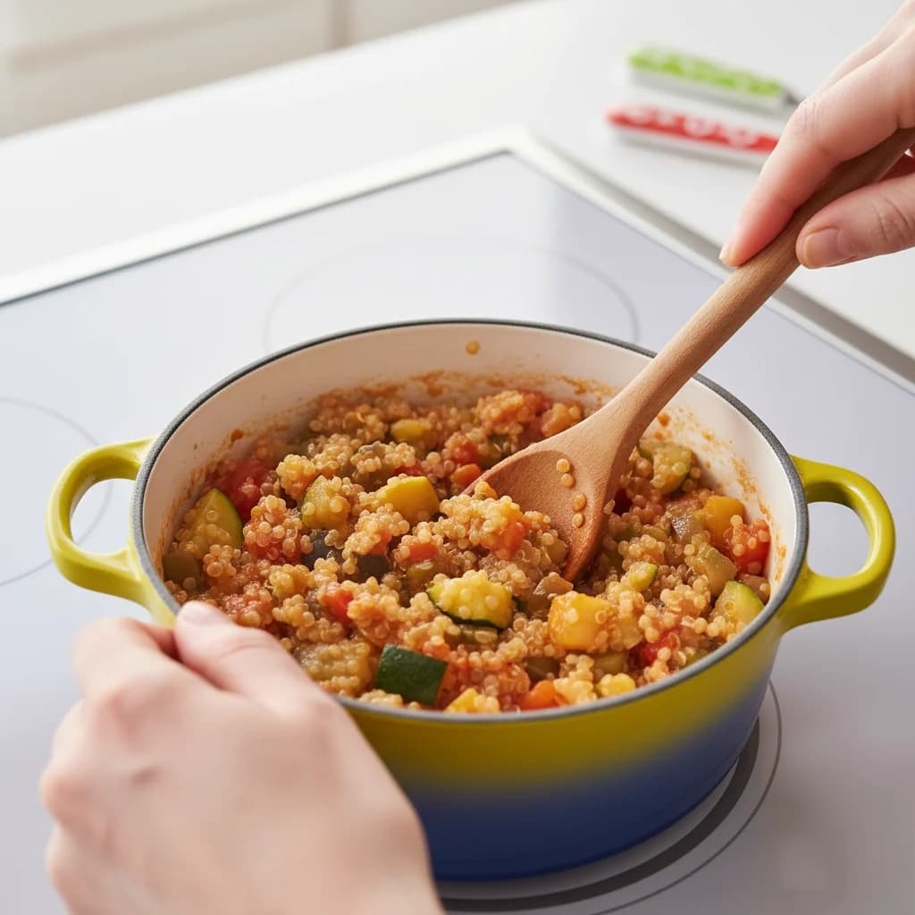 Step 11: Continue simmering until the quinoa is tender and the small 'tails' have released, and the vegetable for Baby's First Quinoa Ratatouille