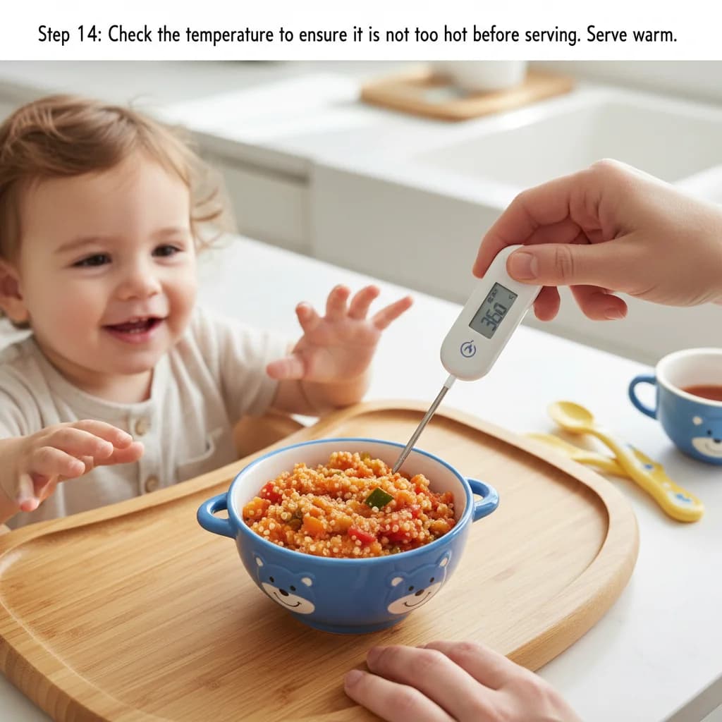 Step 14: Check the temperature to ensure it is not too hot before serving. Serve the Baby's First Quinoa Rata for Baby's First Quinoa Ratatouille