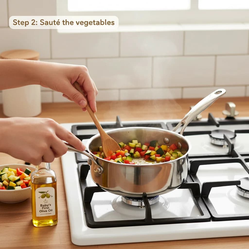 Step 2: Sauté the vegetables: In a small saucepan, heat the olive oil over medium heat. for Baby's First Quinoa Ratatouille
