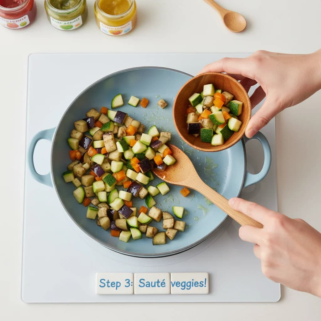 Step 3: Add the diced zucchini and eggplant (or bell pepper) to the pan and sauté for 2 minutes, until they for Baby's First Quinoa Ratatouille