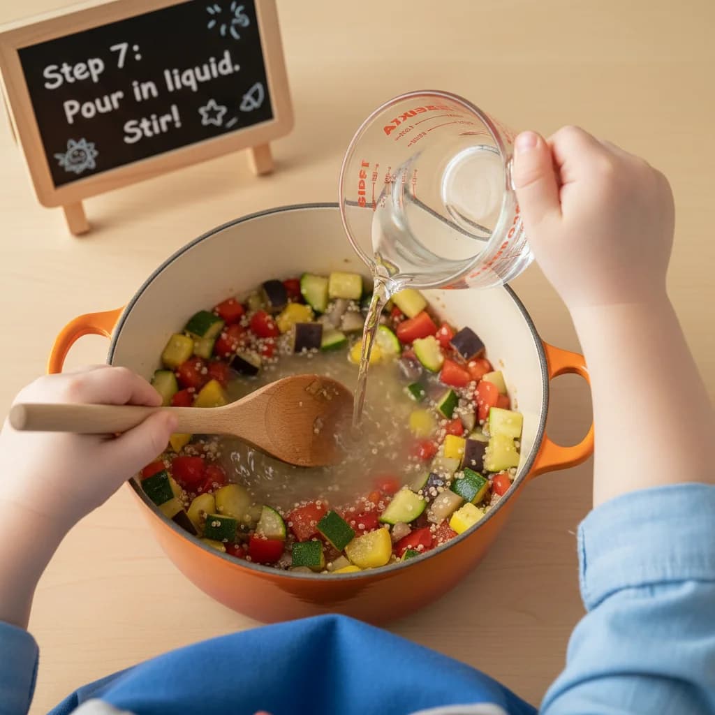Step 7: Pour in the water or low-sodium vegetable broth. Stir well to combine all the ingredients. for Baby's First Quinoa Ratatouille
