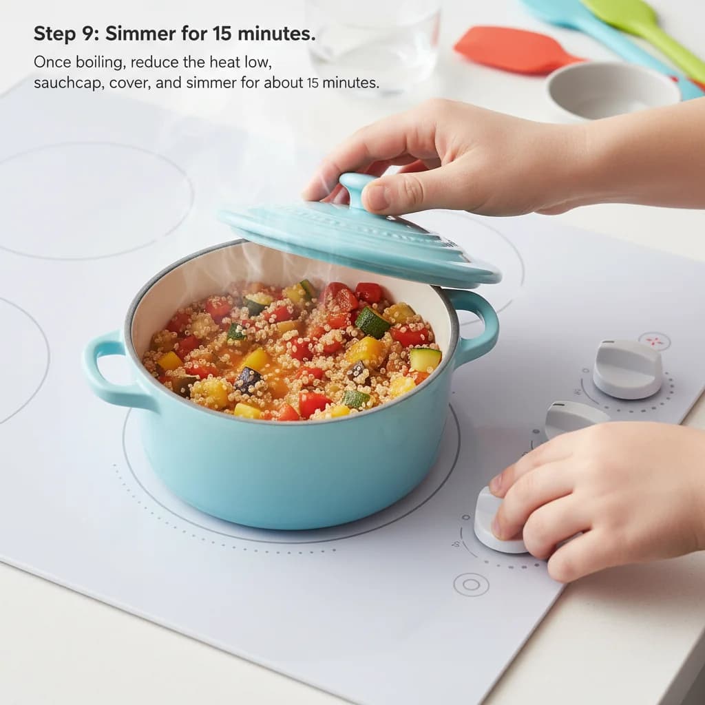 Step 9: Once boiling, reduce the heat to low, cover the saucepan, and simmer for about 15 minutes. for Baby's First Quinoa Ratatouille