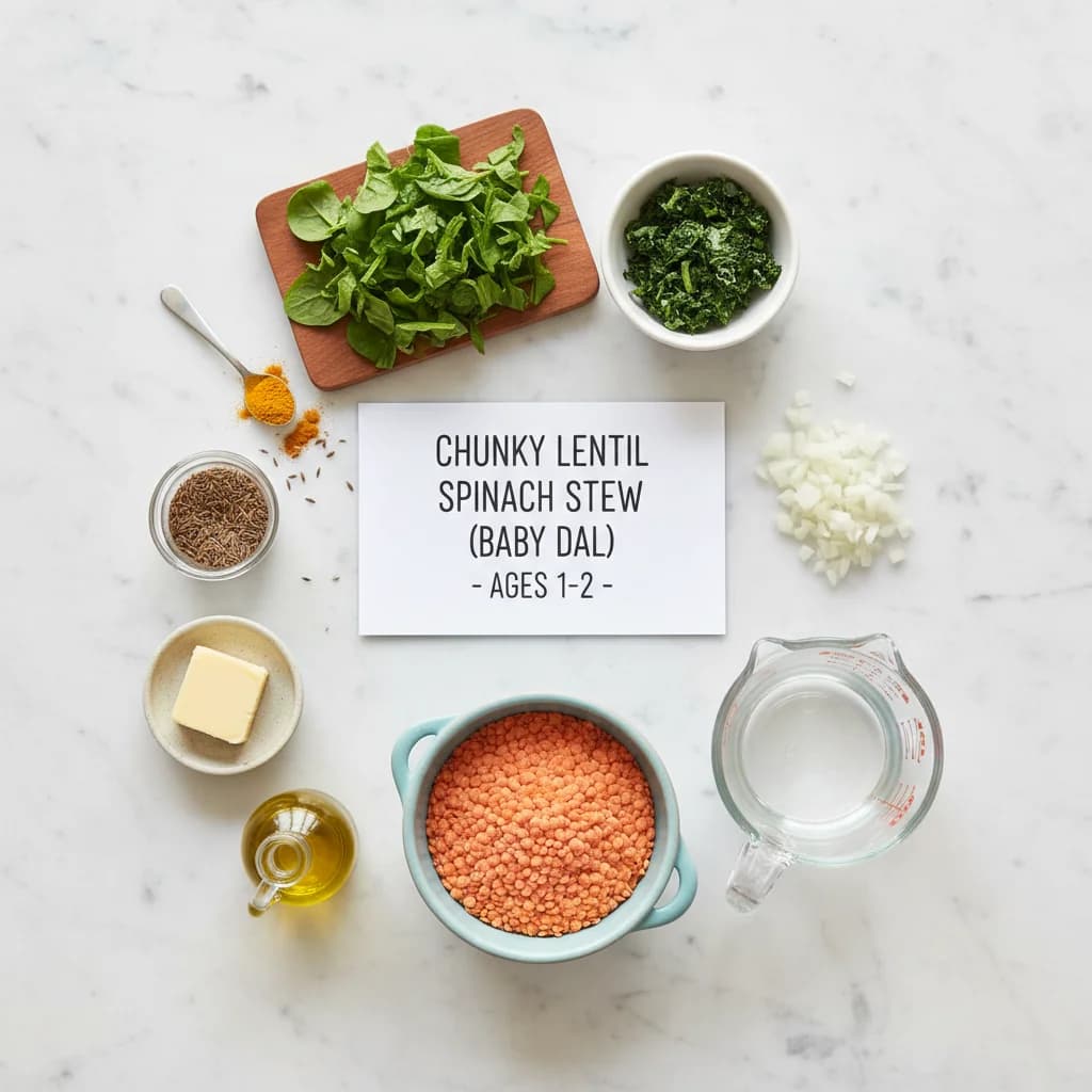 All ingredients needed for Chunky Lentil Spinach Stew (Baby Dal) arranged on a clean surface