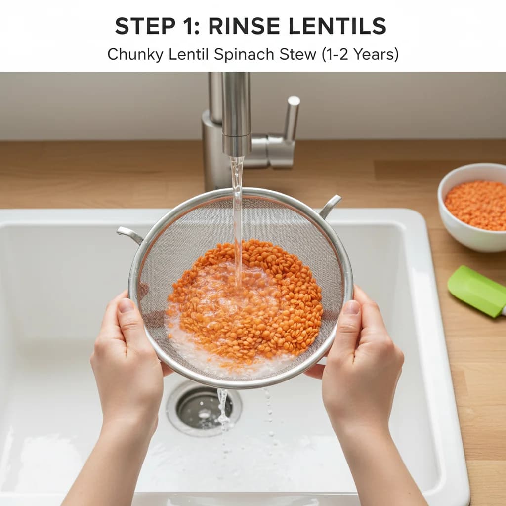Step 1: Prepare the lentils: Rinse the red lentils thoroughly under cold water until the water runs clear. T for Chunky Lentil Spinach Stew (Baby Dal)